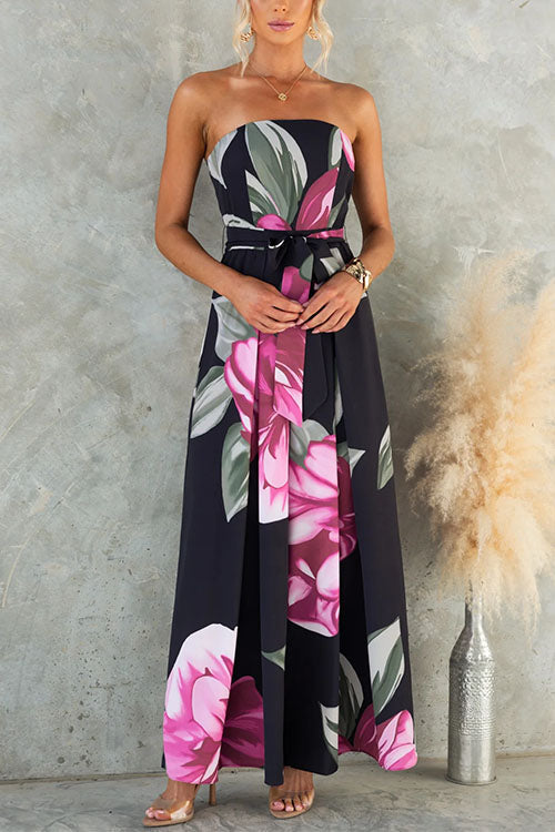 Damen Blumenprint Jumpsuit mit weitem Bein trägerlos und Taillenbund