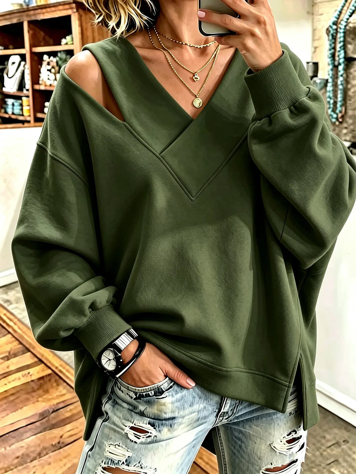 Kirstan – Schickes Oversize Sweatshirt Mit V-Ausschnitt Und Cut-out