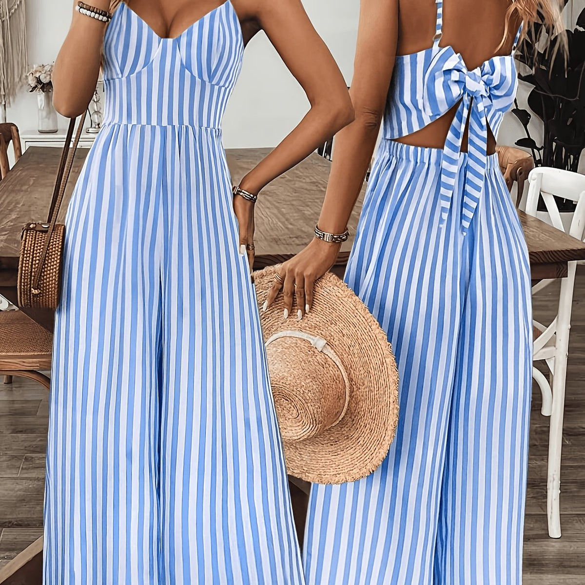 Damen gestreifter weiter Jumpsuit mit V Ausschnitt und Schleife hinten