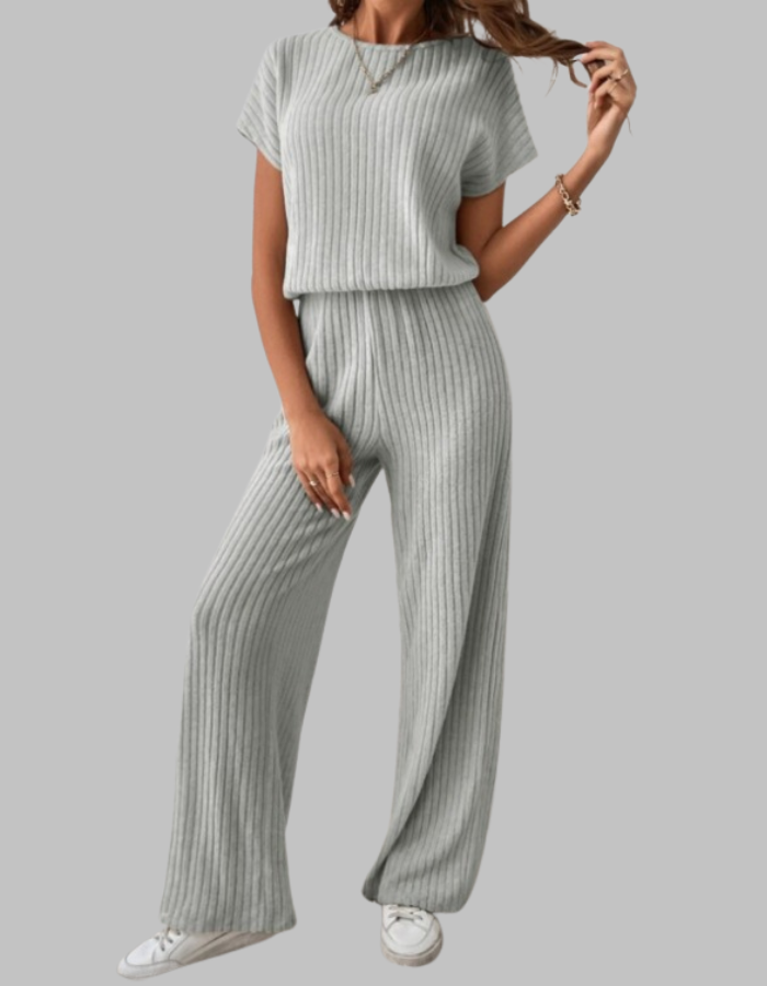 Paula | Damen Rippstrick-Set Kurzarm Top Weite Hose Casual