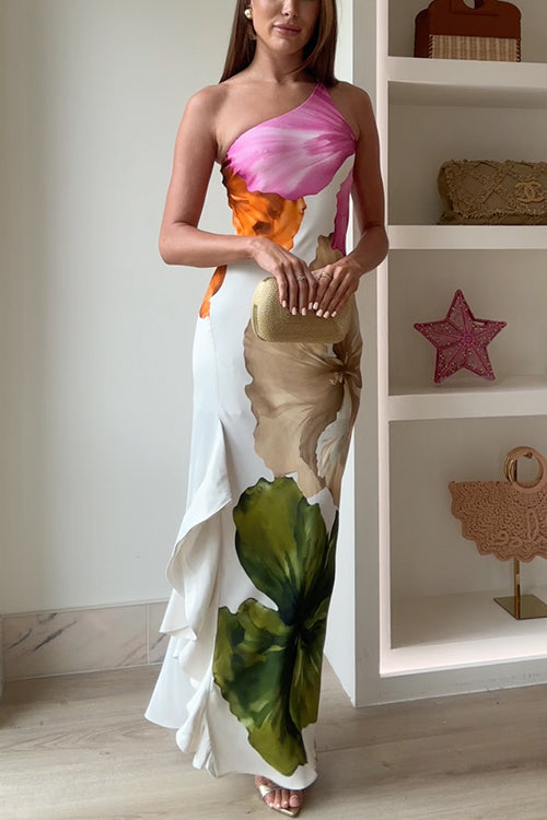 Damen One Shoulder Maxikleid mit Blumendruck Drapierung Rüschen und Seitenschlitz