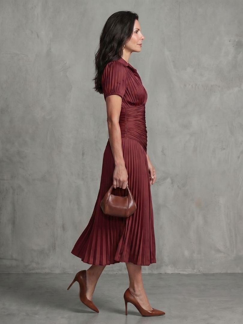 Theodora | Plissierter Taillenstreifen Midi-Kleid