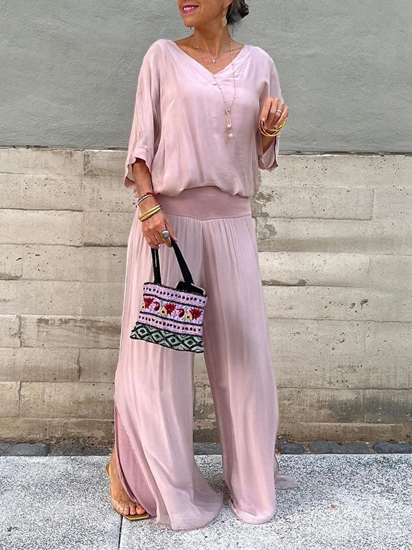 Saila | Damen Maxikleid V-Ausschnitt Fledermausärmel Unifarbe