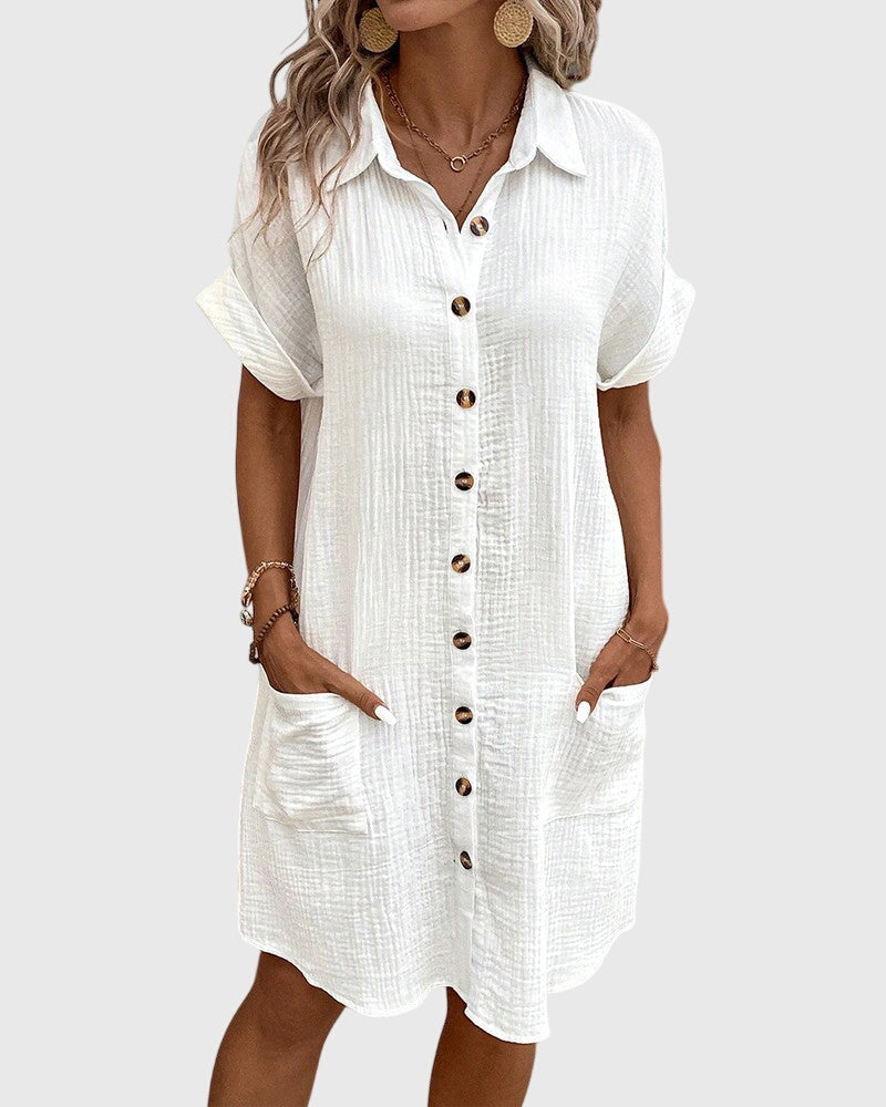 Locker geschnittenes Sommerkleid mit Knopfleiste – Midikleid Kurzarm Polokleid