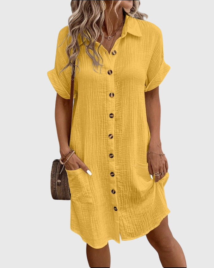 Locker geschnittenes Sommerkleid mit Knopfleiste – Midikleid Kurzarm Polokleid