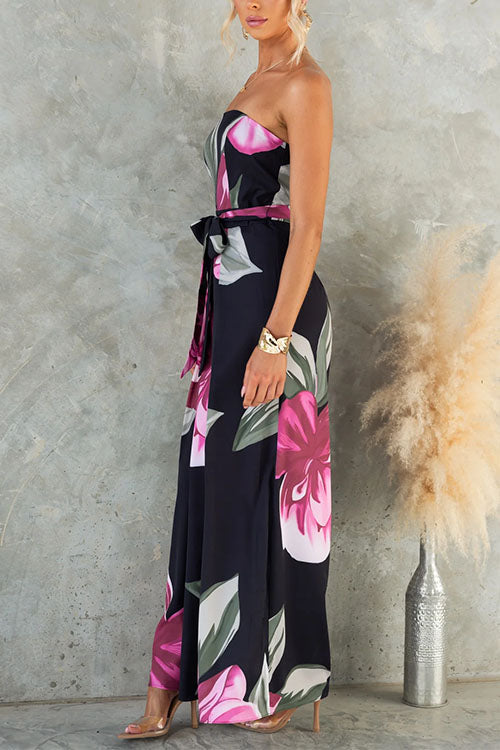 Damen Blumenprint Jumpsuit mit weitem Bein trägerlos und Taillenbund