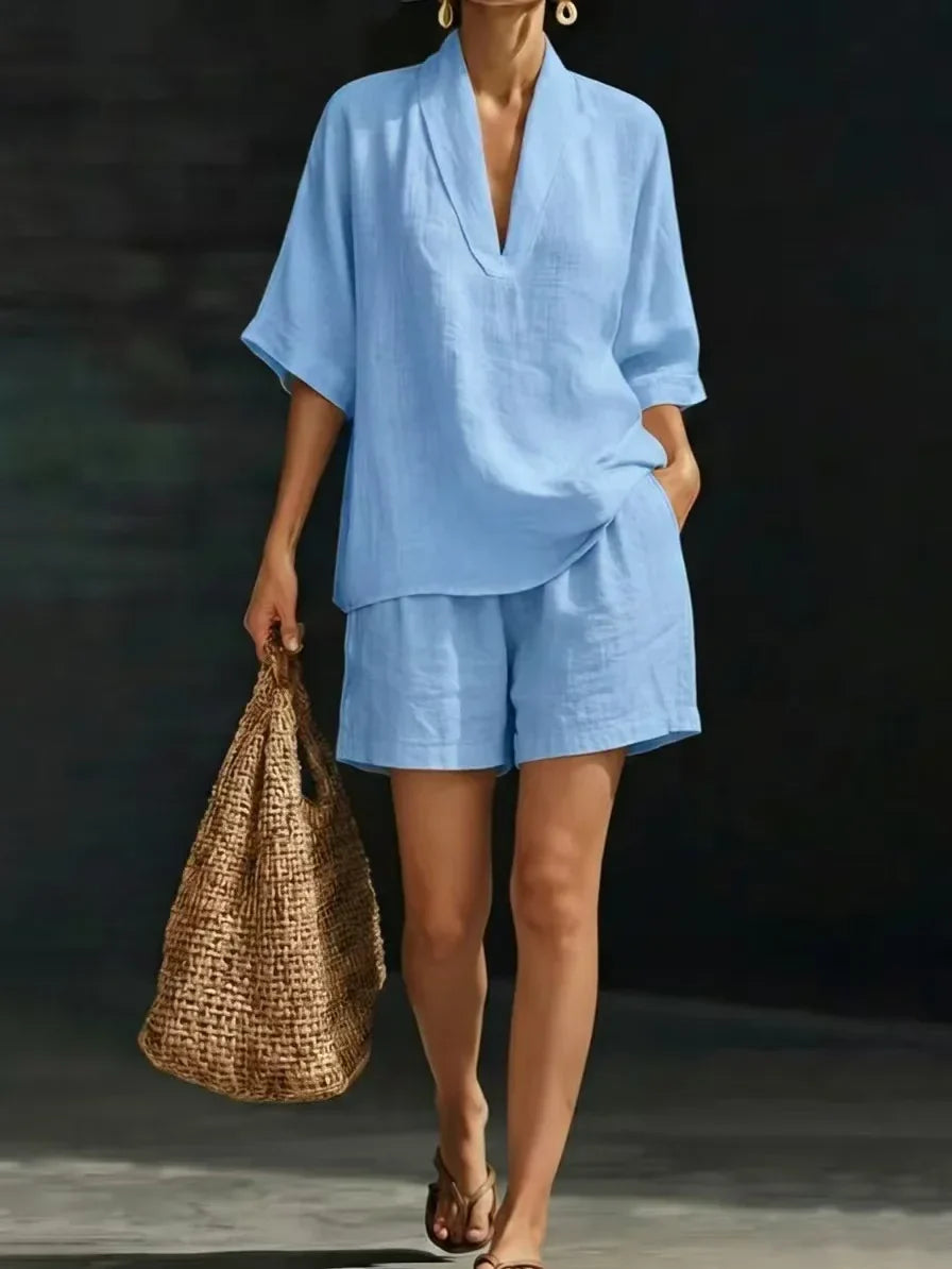 Silvani - Lässiges Set Aus Baumwoll Top Mit V-ausschnitt Und Shorts