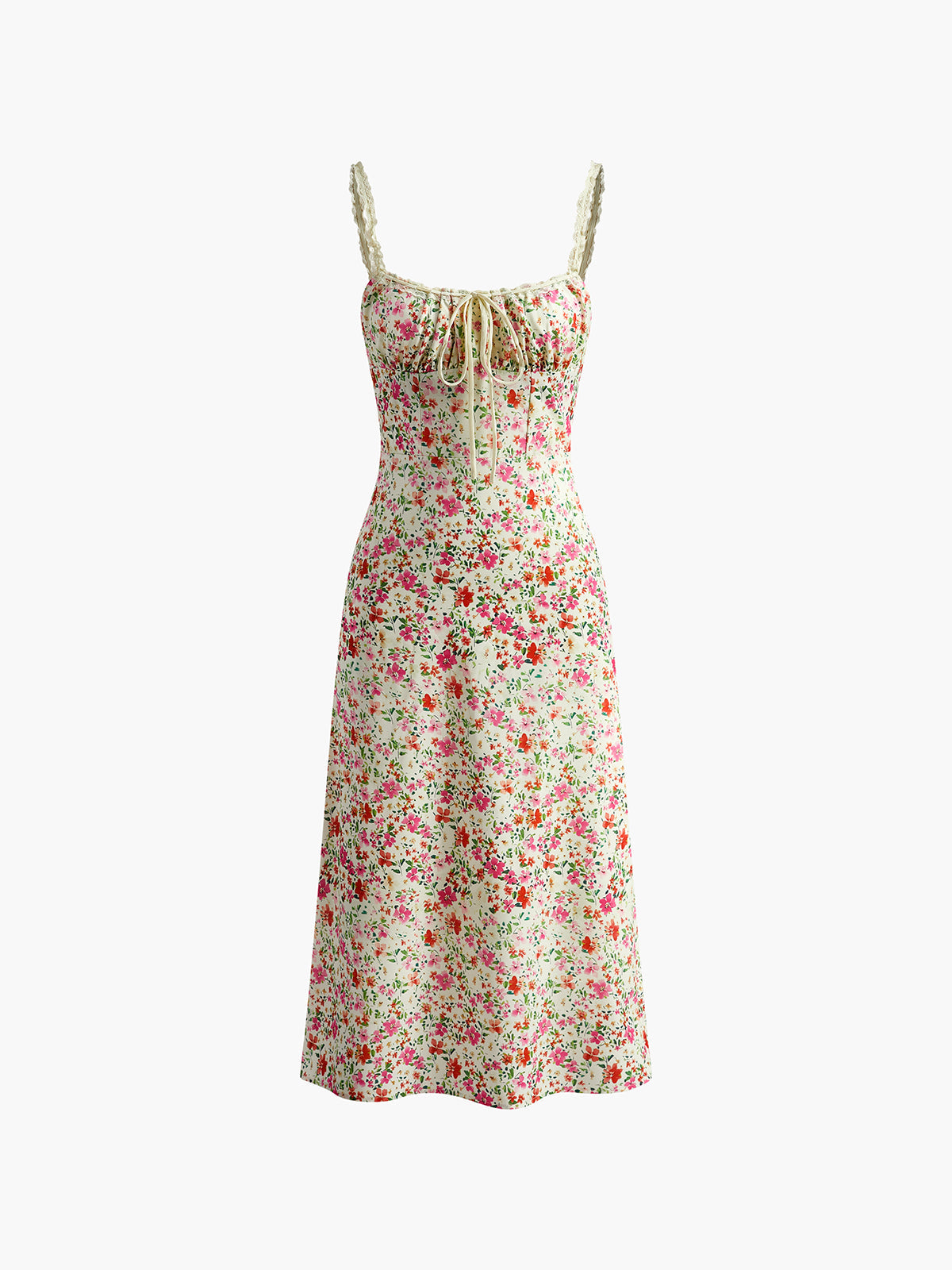 Bedrucktes Träger-Midikleid mit Blumenmuster und Paspelierung