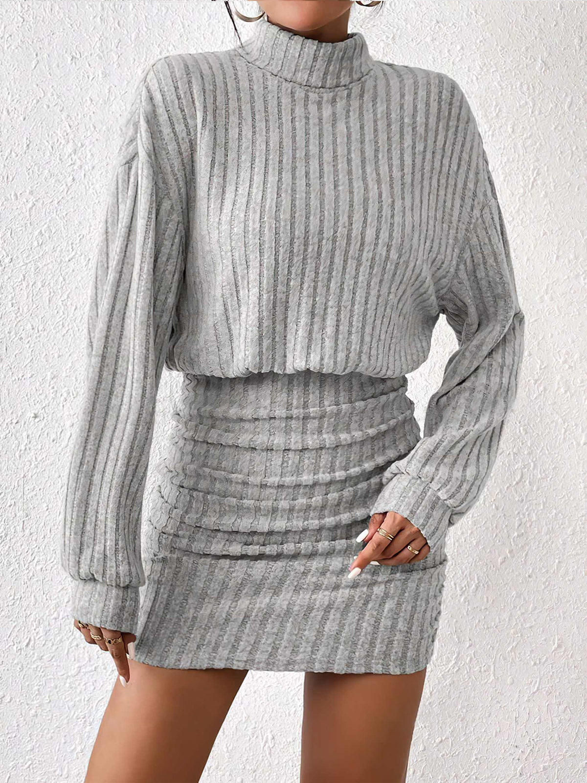 Mock Neck Rippenstrick kurzes Kleid