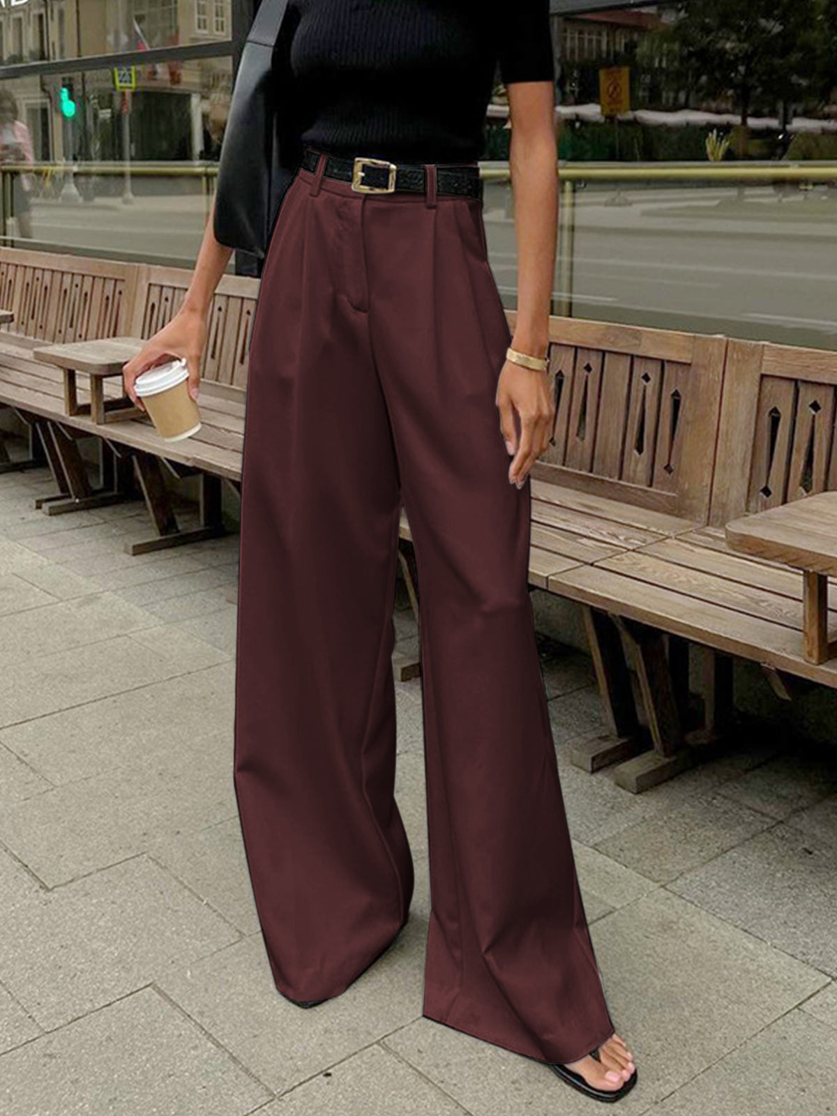 Katharina | Damen Plissierte Vorderseite Weite-Hosen mit Gürtel