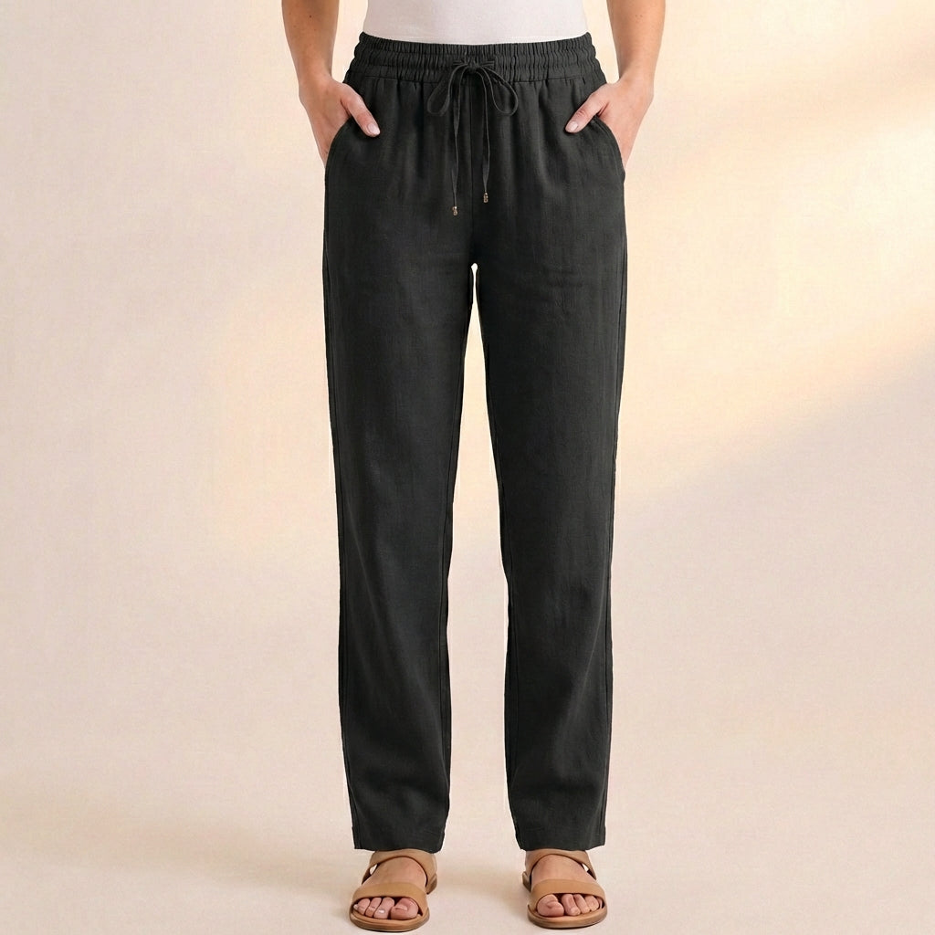 Lockere Damen Hose aus Leinen-Mix mit Kordelzug – Lang