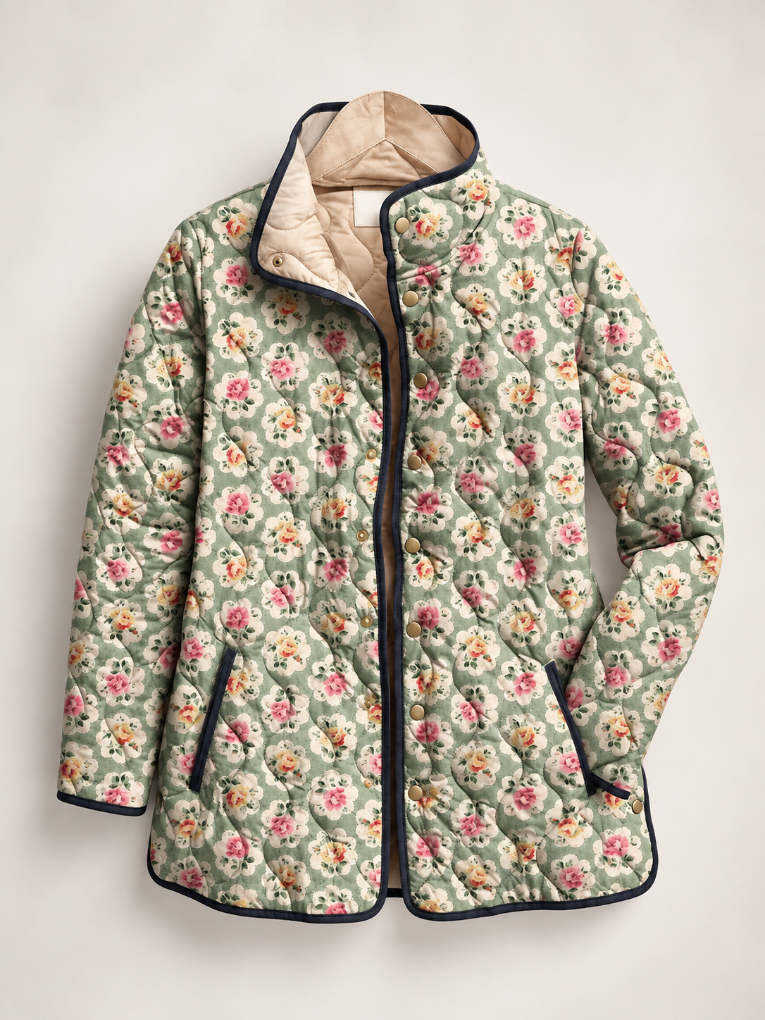 Steppjacke für Damen mit Blumenmuster und kontrastfarbenen Paspeln – Lainey