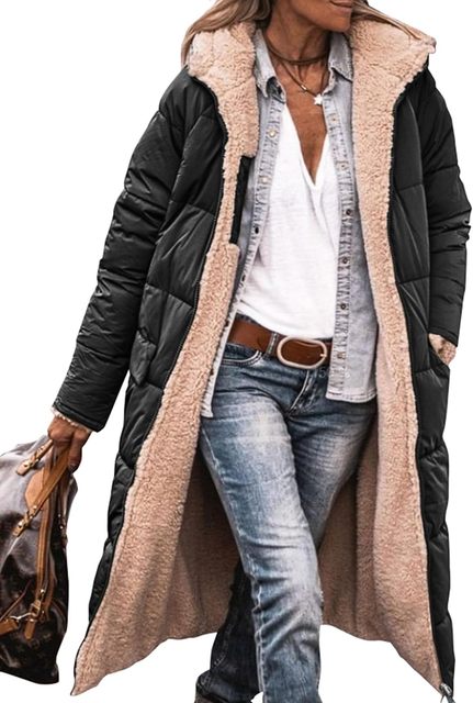 Bei | Wendemantel aus Sherpa-Fleece – langer Puffermantel mit Kapuze