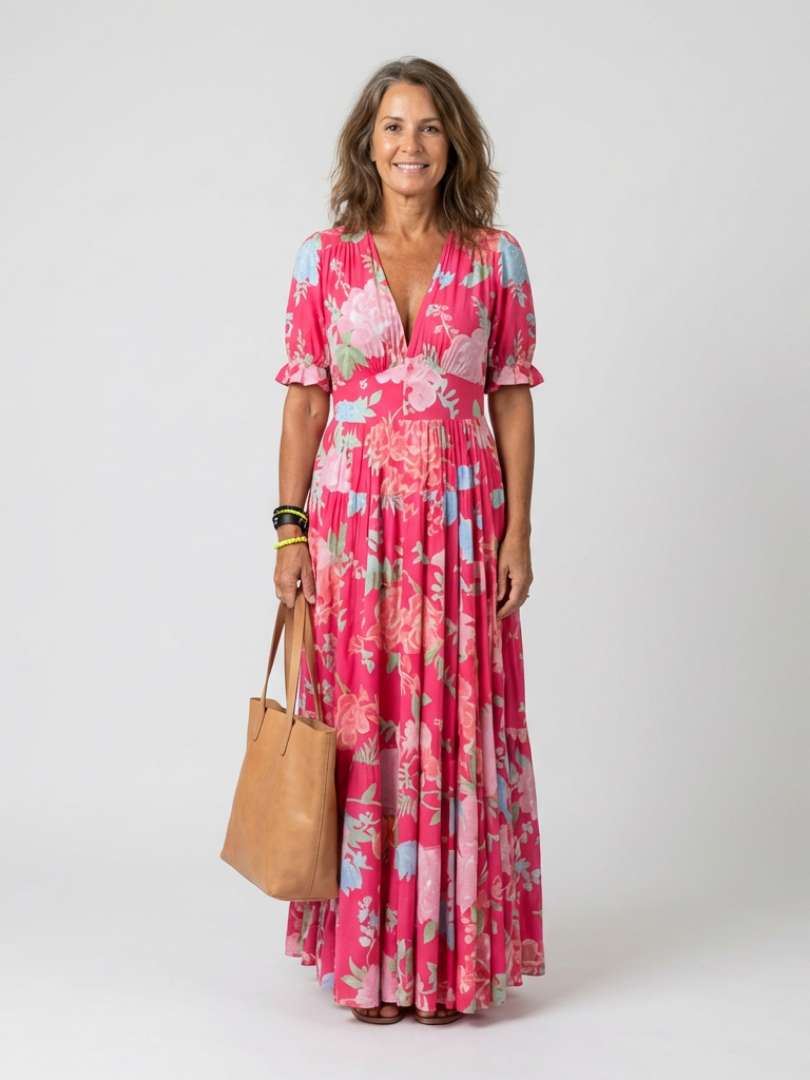 Ione | Kurzes Ärmels V-Ausschnitt Blumen Midi Kleid