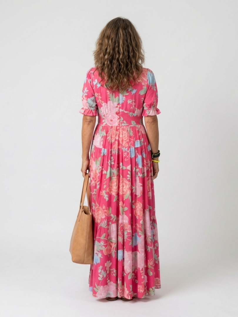 Ione | Kurzes Ärmels V-Ausschnitt Blumen Midi Kleid
