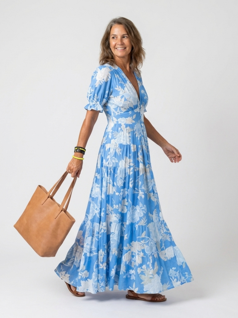 Ione | Kurzes Ärmels V-Ausschnitt Blumen Midi Kleid