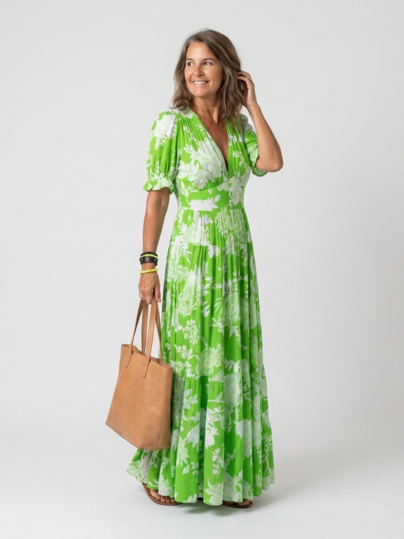 Ione | Kurzes Ärmels V-Ausschnitt Blumen Midi Kleid
