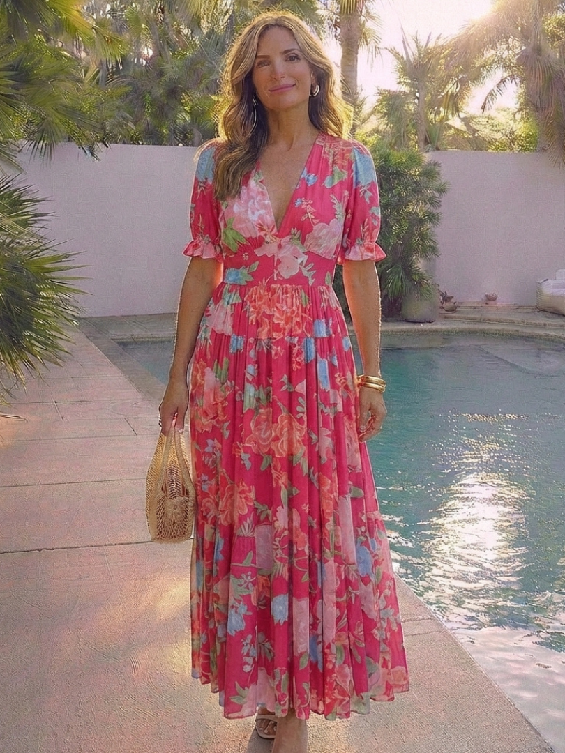 Ione | Kurzes Ärmels V-Ausschnitt Blumen Midi Kleid