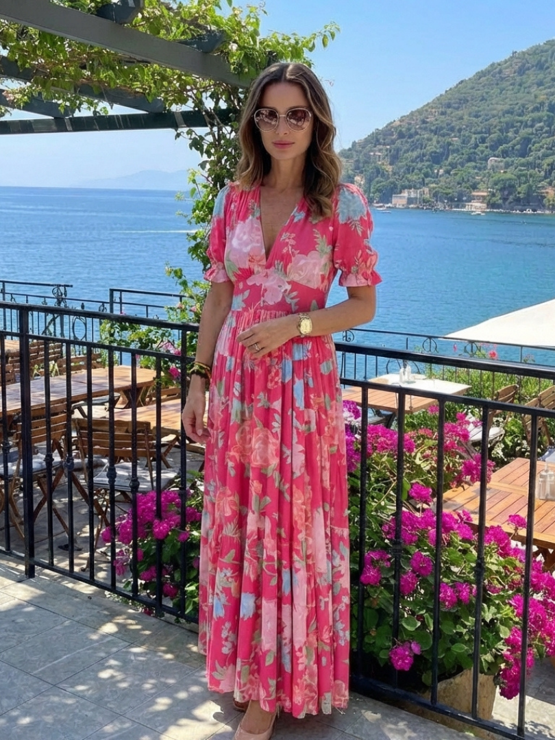 Ione | Kurzes Ärmels V-Ausschnitt Blumen Midi Kleid