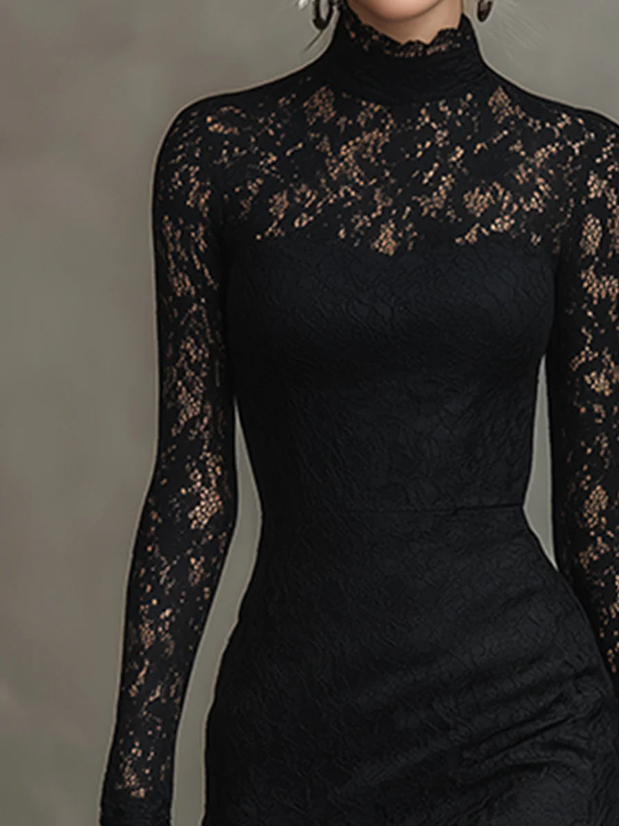 Veronika | Damen Spitzen Maxikleid Schwarz Elegant Feminin