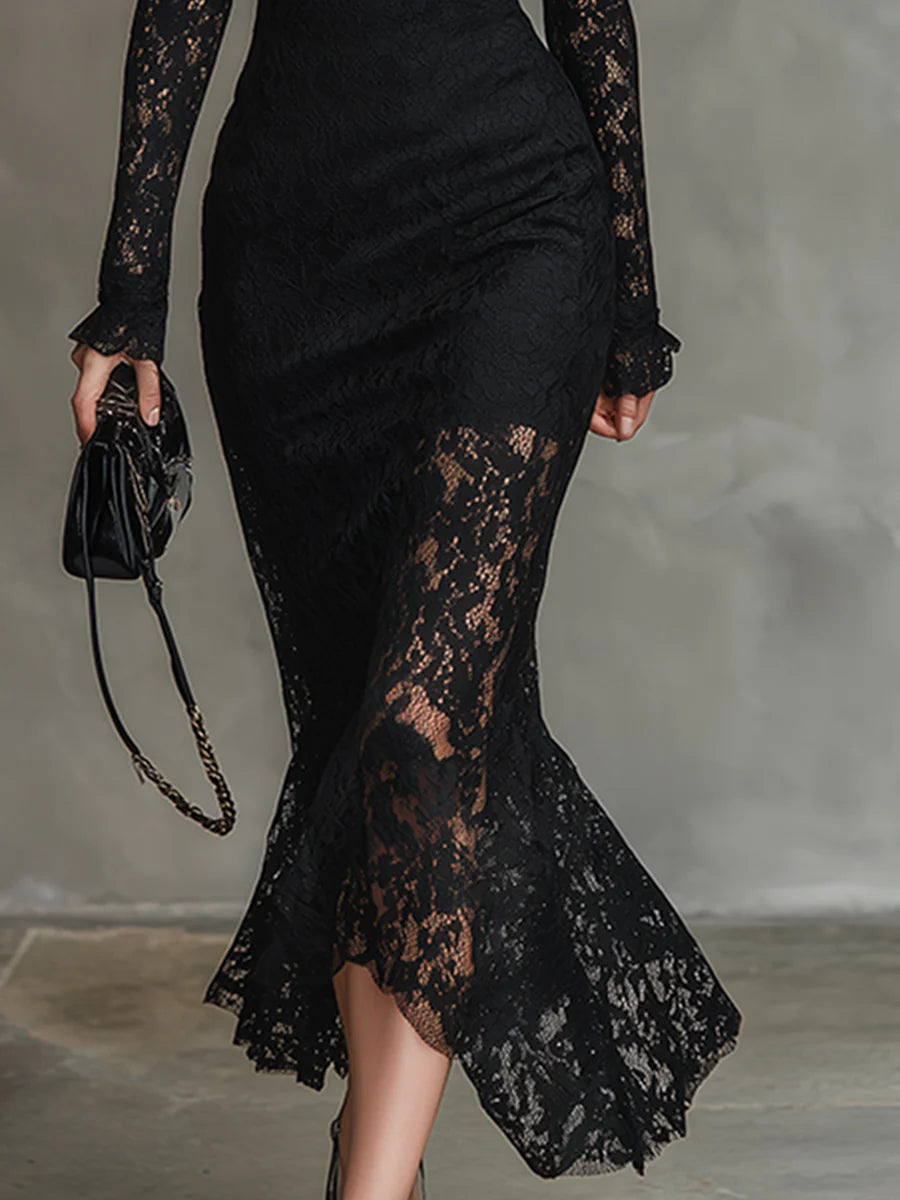 Veronika | Damen Spitzen Maxikleid Schwarz Elegant Feminin