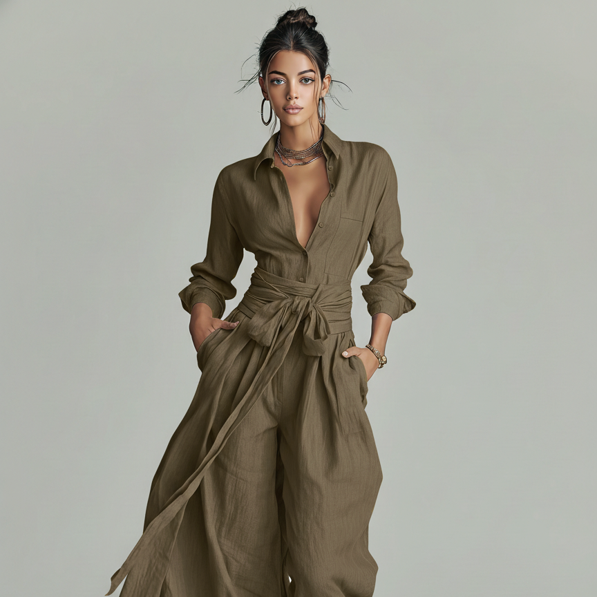Ingeborg | Damen Jumpsuit Leinen Gürtel Hemdkragen – Leinen Overall Gürtel 2026