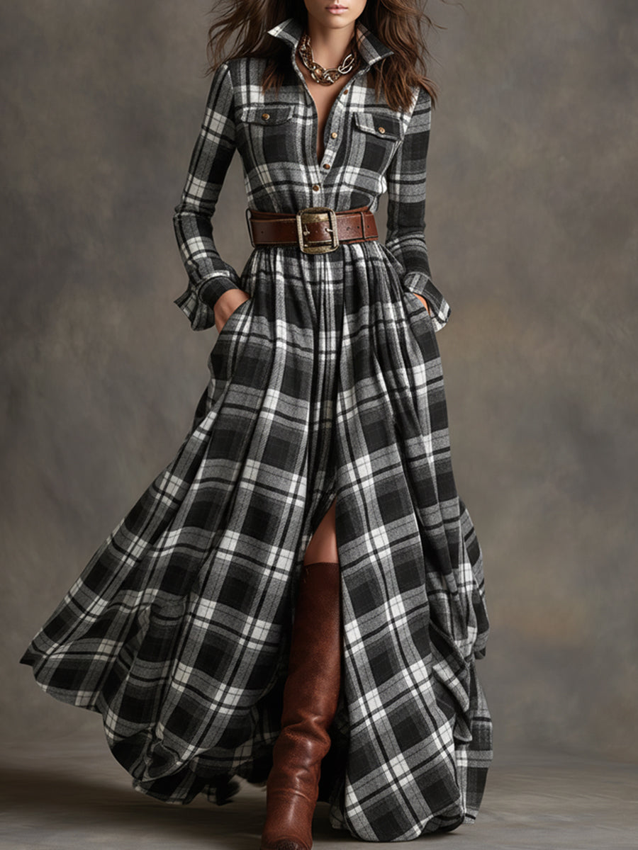 Unity | Kariertes Langarm-Maxikleid