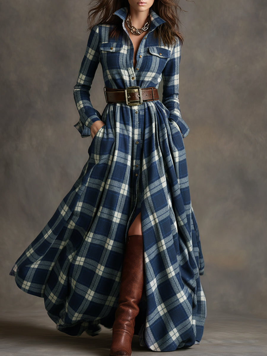 Unity | Kariertes Langarm-Maxikleid