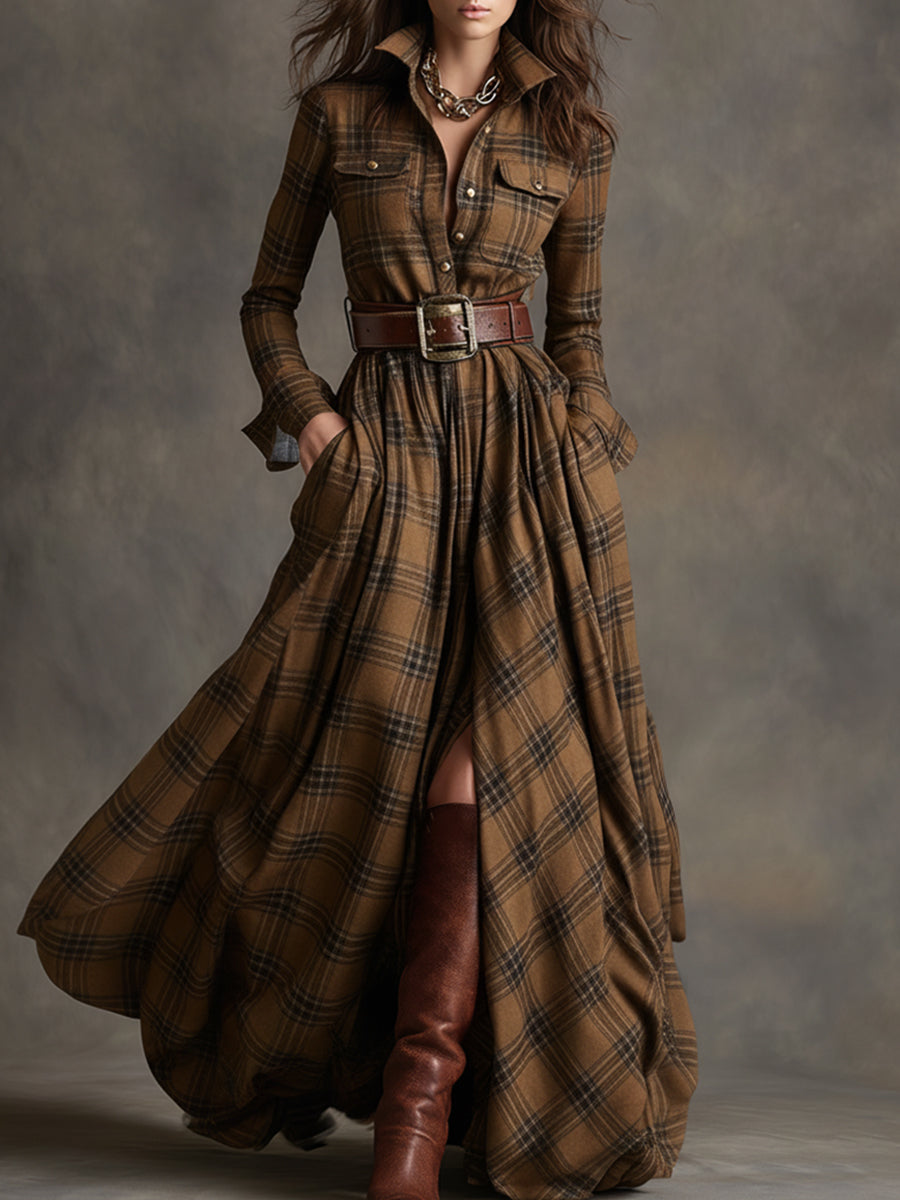 Unity | Kariertes Langarm-Maxikleid
