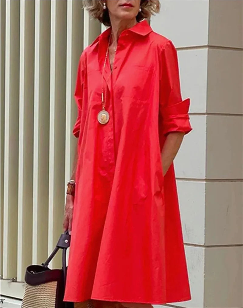 Hemdkleid Damen | Elegantes A-Linien Kleid mit Knopfleiste & Taschen