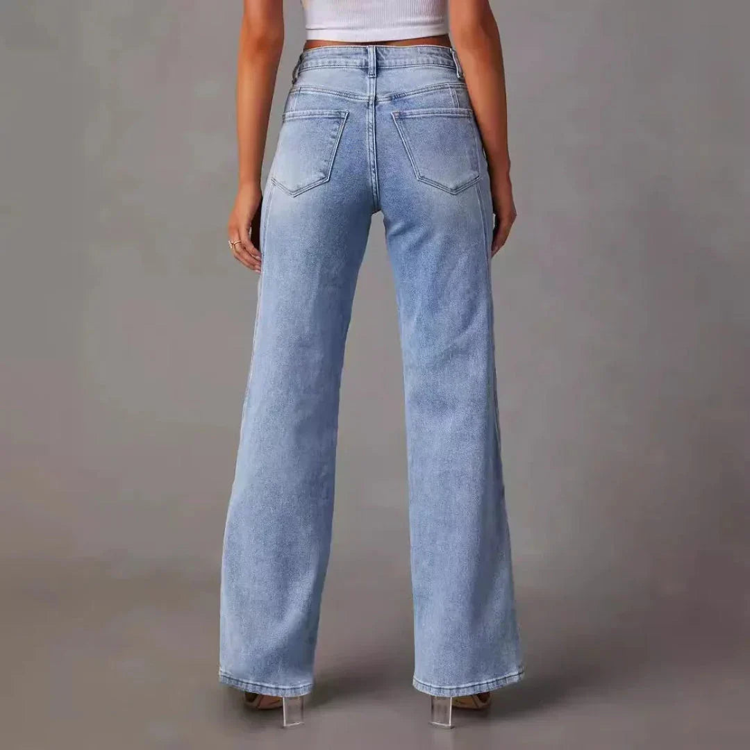 Damen High Waist Weitbein Jeans mit V Naht