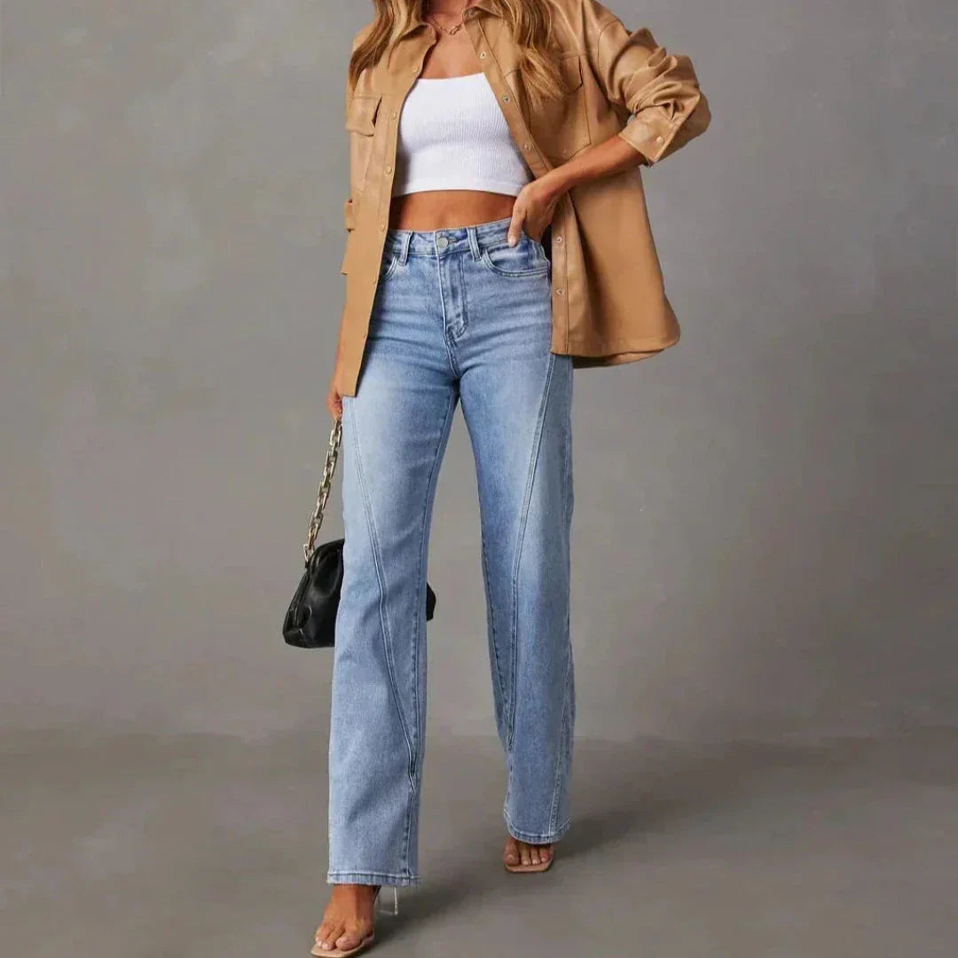 Damen High Waist Weitbein Jeans mit V Naht