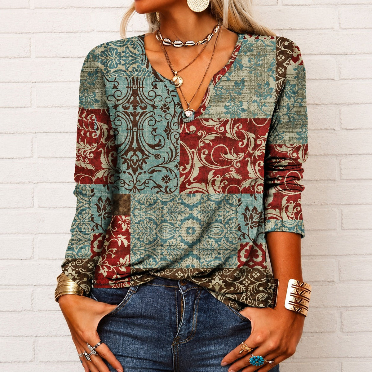 Katharina - Langarm-Boho-Bluse mit V-Ausschnitt