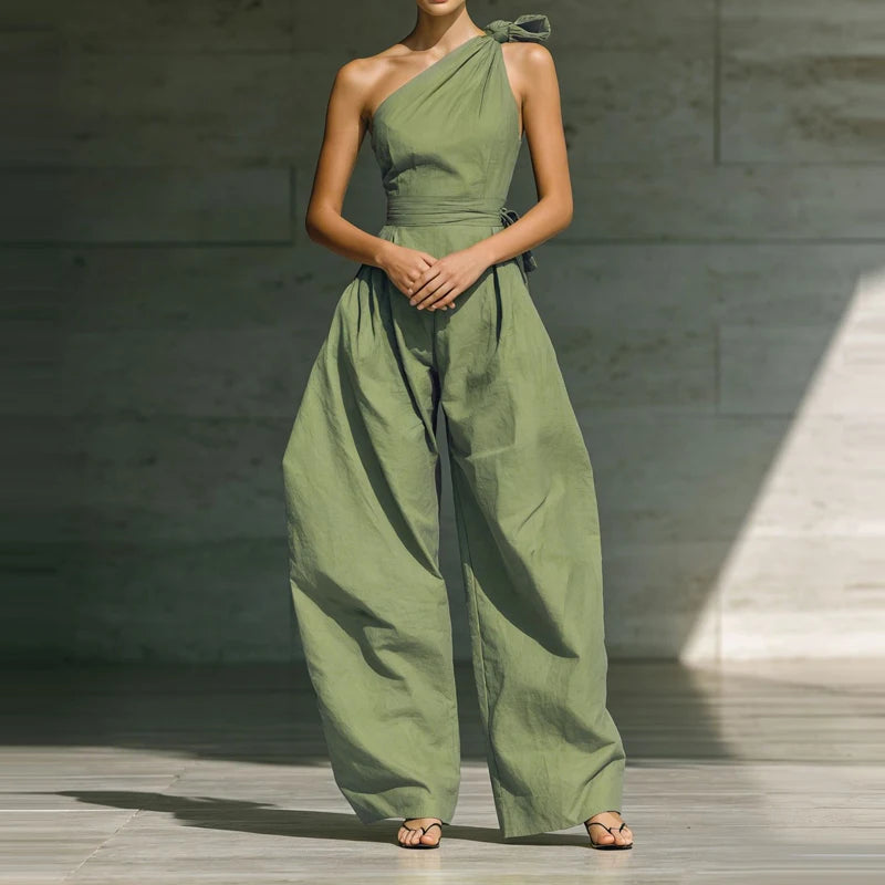 Jumpsuit Damen | Festlich One-Shoulder mit Schleife & Weitem Bein
