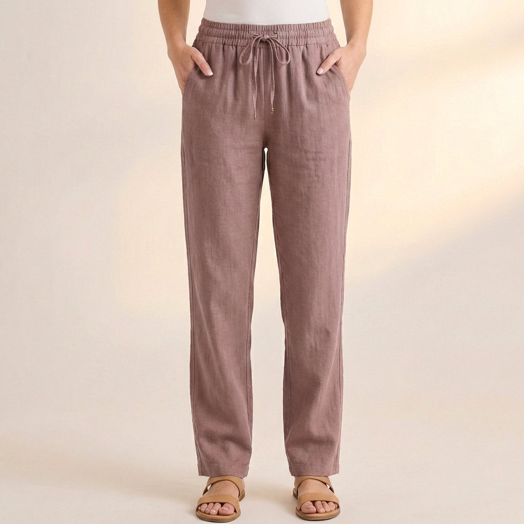 Lockere Damen Hose aus Leinen-Mix mit Kordelzug – Lang