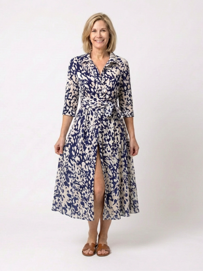 Oriana | Midi-Kleid mit Kragen, langen Ärmeln und Taillengürtel