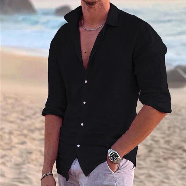 Langarm Hemd Herren | Lässiges Uni-Hemd mit offenem Reverskragen