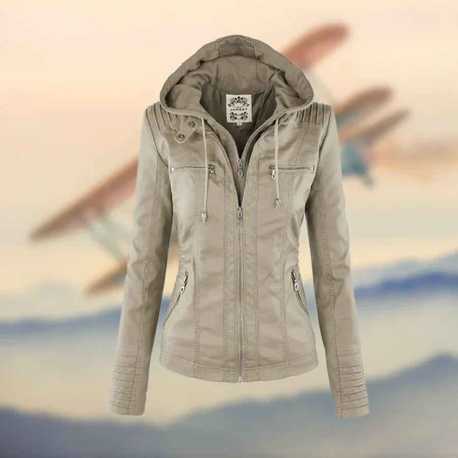 Lederjacke Damen | Abnehmbare Kapuze & Taillierter Zip-Schnitt