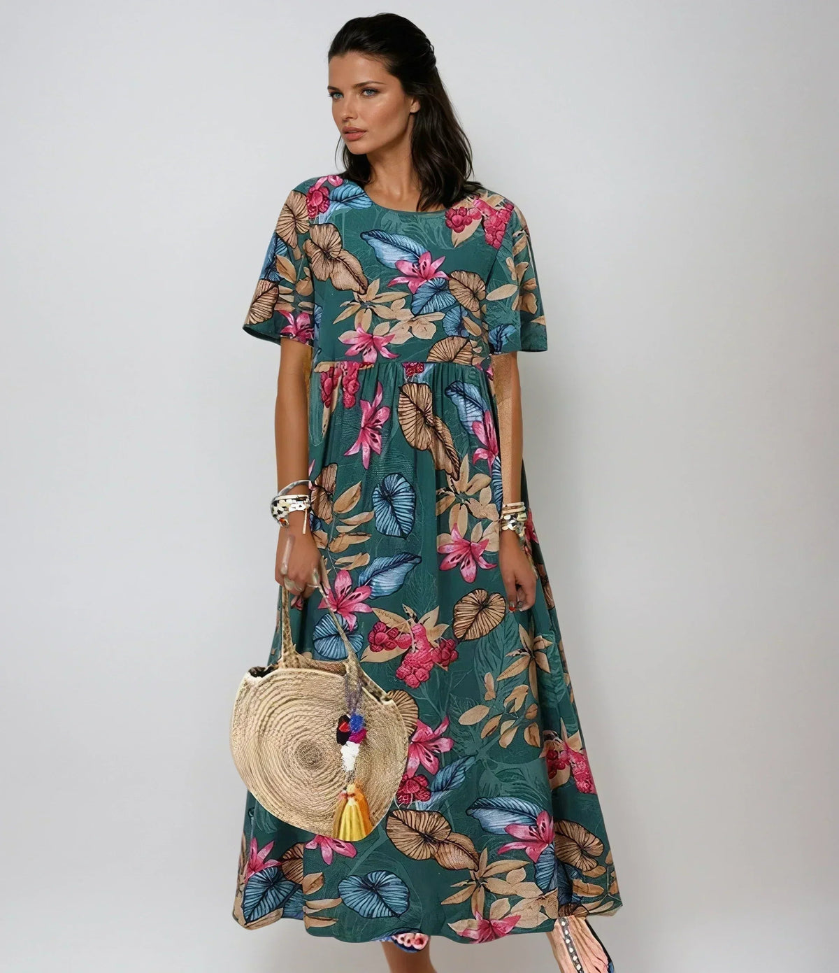 Sommerkleid Damen | Tropisches Blumenmuster & Fließender Stufenrock