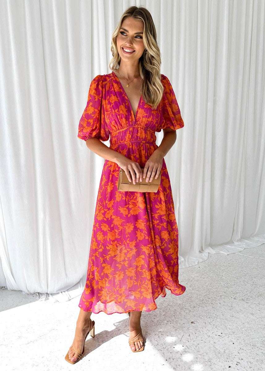 Midikleid Damen | Blumenprint & Puffärmel