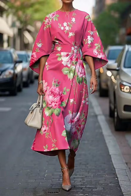 Midikleid Damen | Kunstvoller Blumenprint & Elegante Kimono-Silhouette