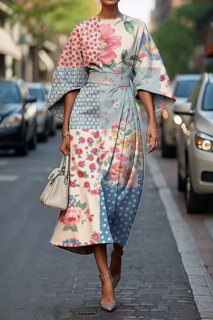 Midikleid Damen | Kunstvoller Blumenprint & Elegante Kimono-Silhouette