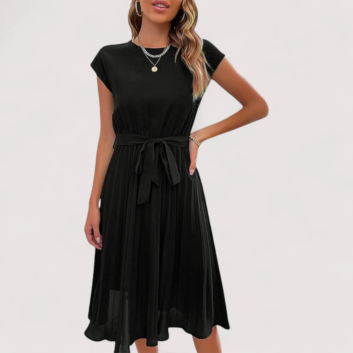 Midikleid Damen | Plissiert & Bindegürtel Elegant