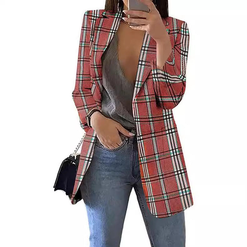 Damen nan taillierter Karoblazer Longline mit strukturierter Schulterpartie und offener Front Drune