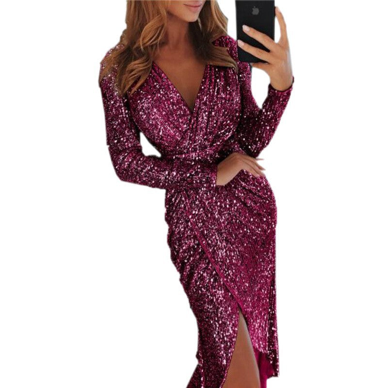 Damen nan glitzerndes Wickel-Midikleid mit V-Ausschnitt langen Ärmeln seitlichem Beinschlitz Drune
