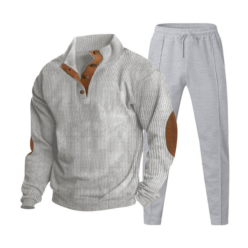 Herren nan strukturiertes Strick-Loungewear-Set mit halber Knopfleiste, kontrastreichen Ellbogenpatches und elastischem Tunnelzug-Jogger Drune