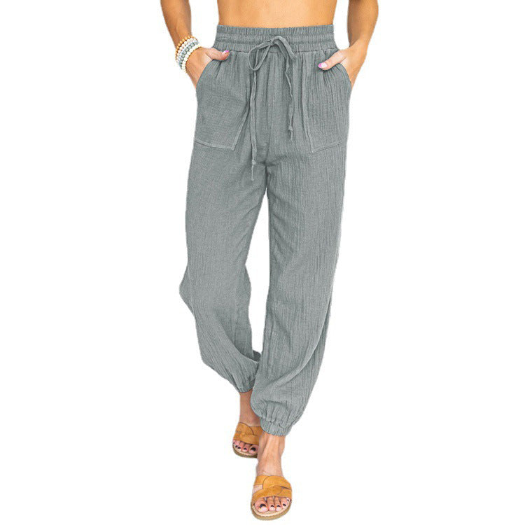 Damen nan leichte Leinenoptik Freizeit-Hose mit hohem elastischem Bund, Kordelzug, aufgesetzten Taschen und elastischen Knöchelbündchen Drune