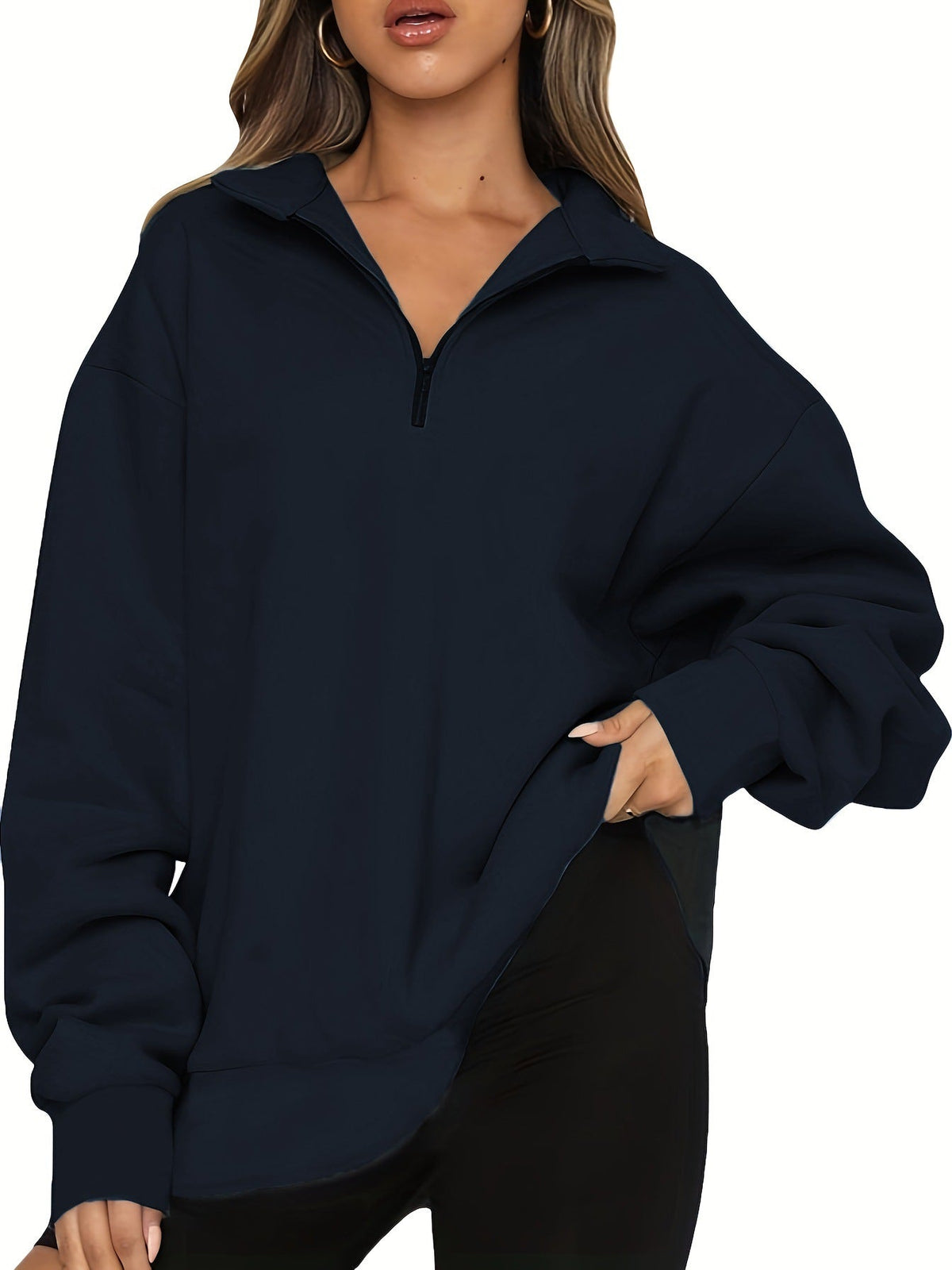 Damen nan Oversized Sweatshirt mit Kurzreißverschluss, Stehkragen und Kängurutasche Drune