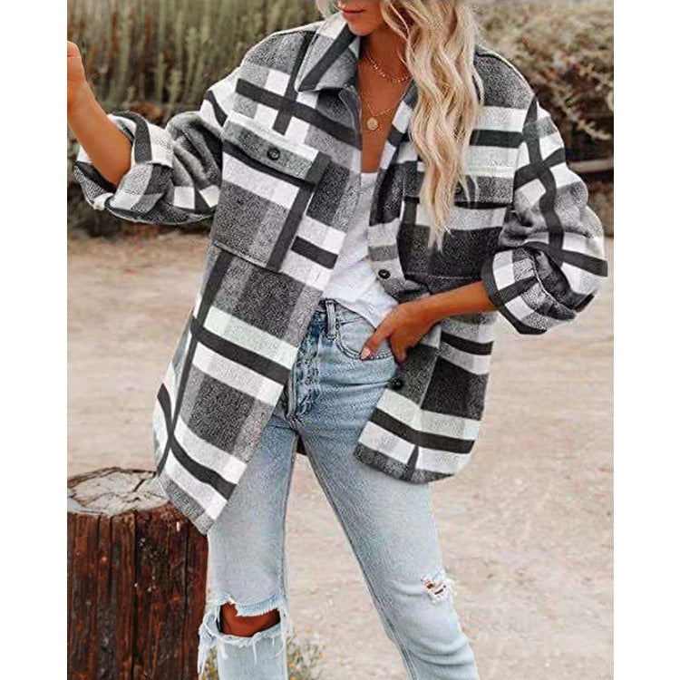 Damen nan karierte Overshirtjacke mit Brusttaschen und lockerer Passform Drune