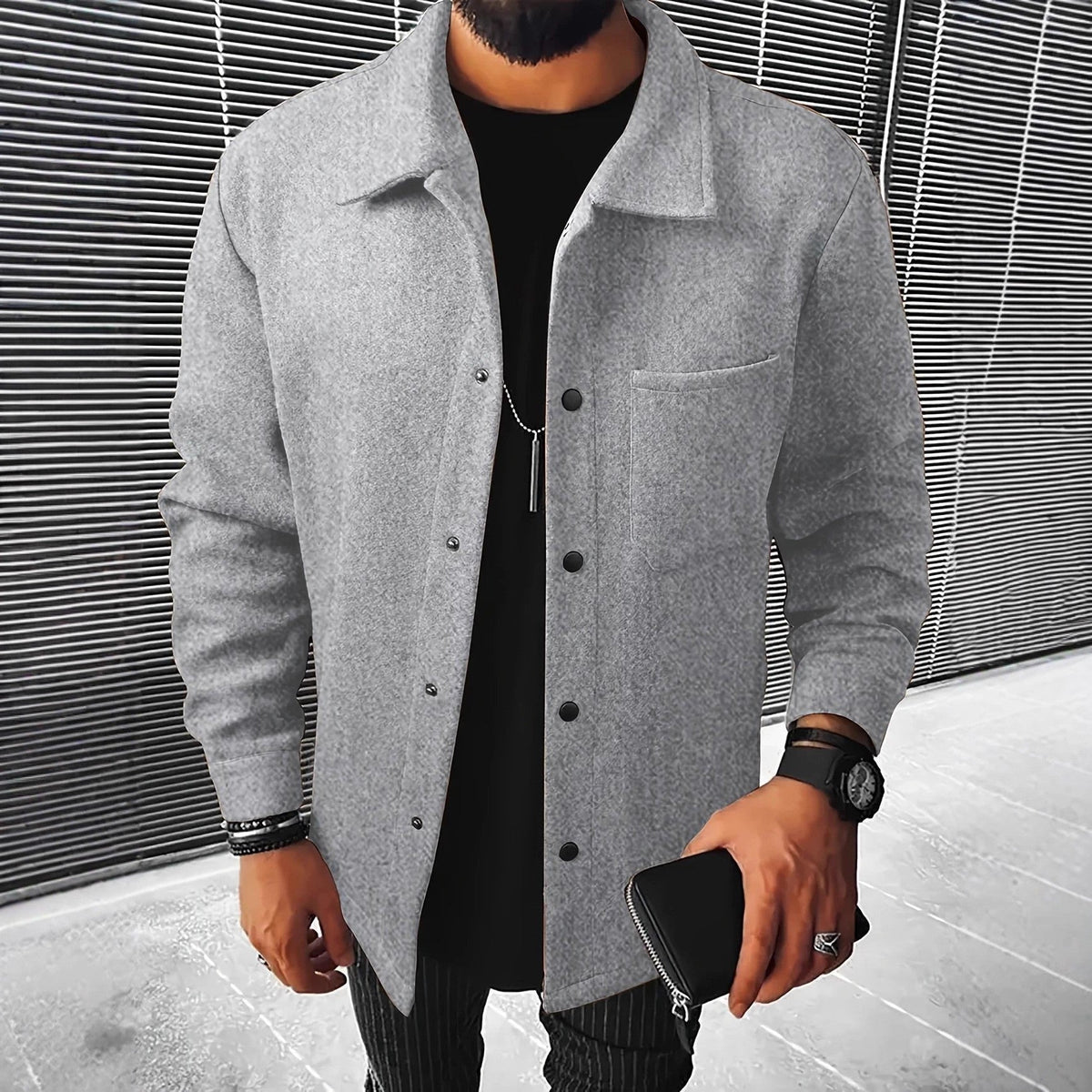 Herren nan minimalistische Hemdjacke aus softem Fleece mit verdeckter Druckknopfleiste und aufgesetzter Brusttasche Drune